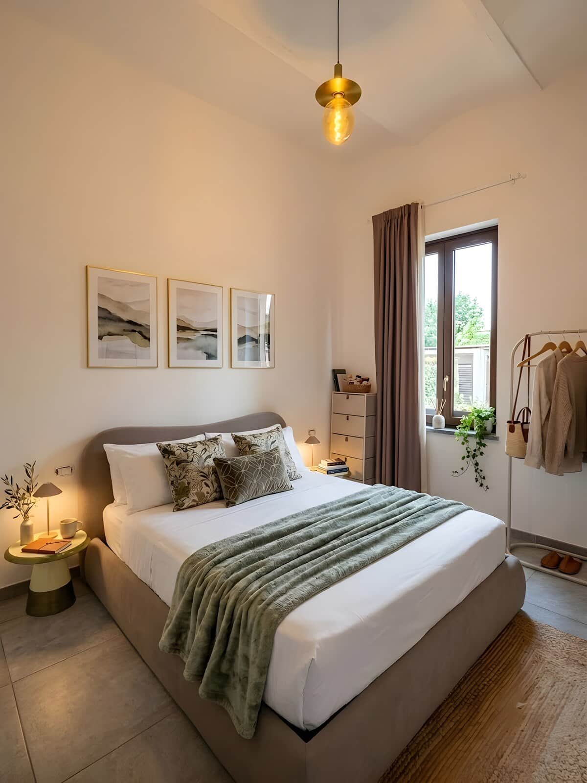 Camera da letto con letto matrimoniale, due comodini, mobili e appendiabiti.