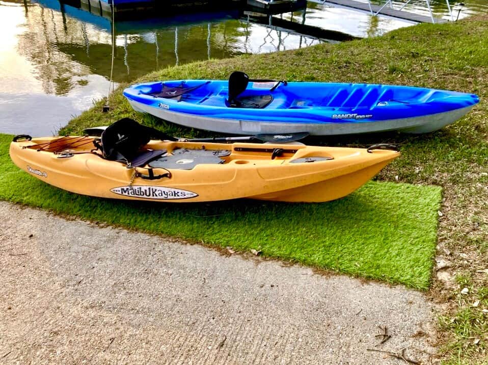 Slip into the water with a kayak , turf grass on ramp makes the water access easier.