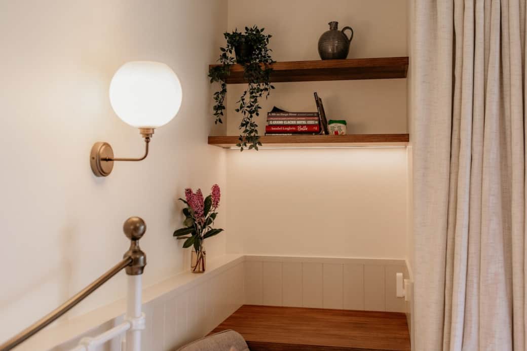 The nook in the King bedroom has a comfy swivel chair and built in desk that's just big enough to work on a laptop or journal. 