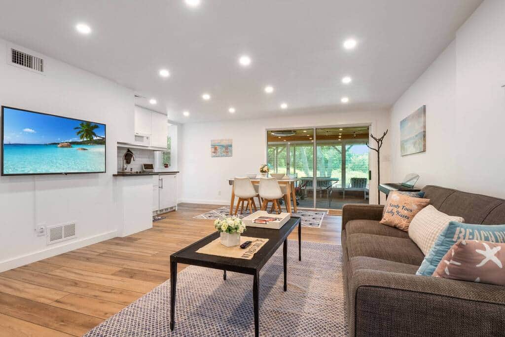 Lower-level living room with a sofa, TV and kitchenette