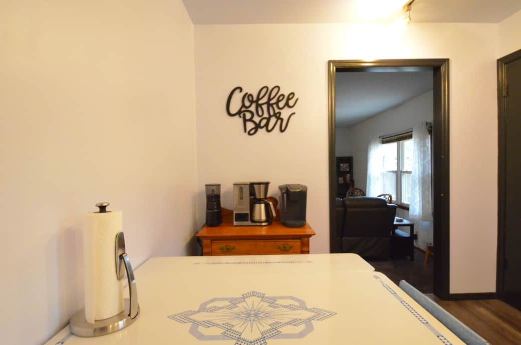 Kitchen coffee bar with fresh ground coffee, tea, hot chocolate and multiple brewing options!