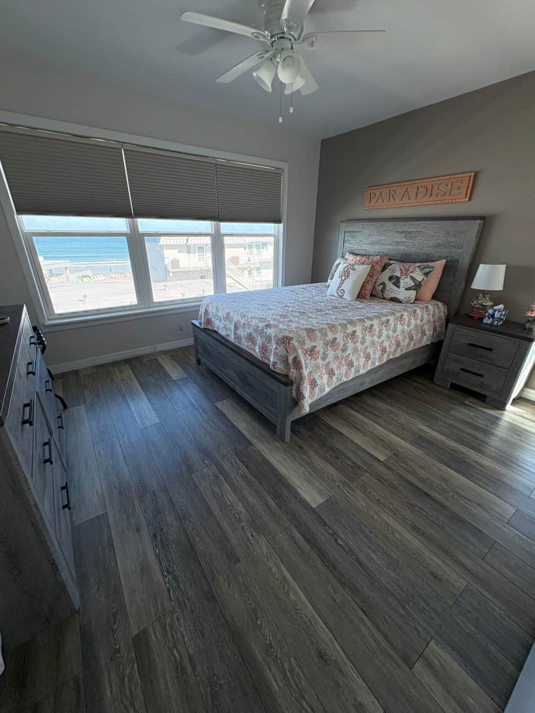 Queen-size bed with memory foam mattress.