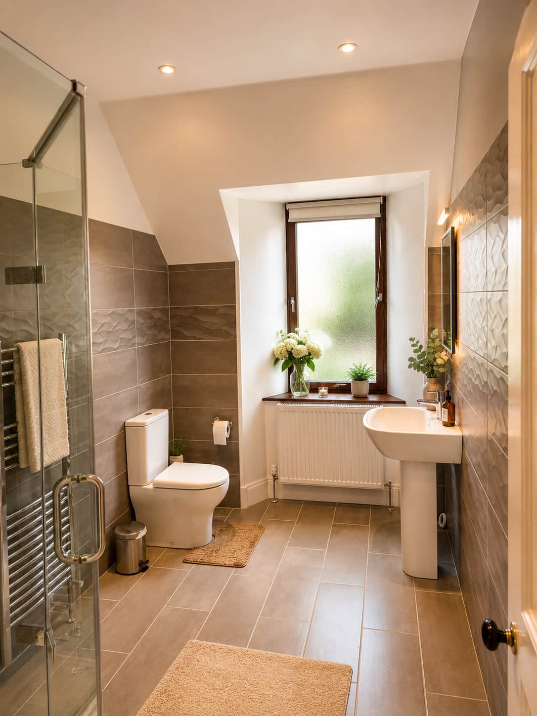 En-suite shower room with a glass enclosure, pedestal basin and textured tiles.