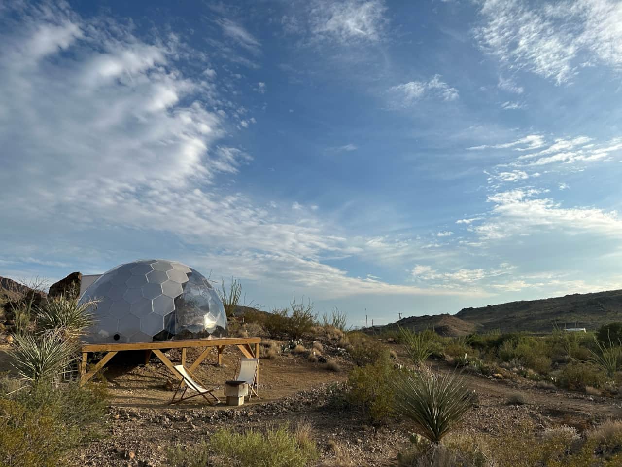 Geodesic dome exterior at Space Pod 004 – Big Bend desert escape