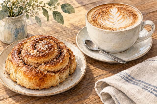 Watercolour illustration of coffee and a cinnamon bun