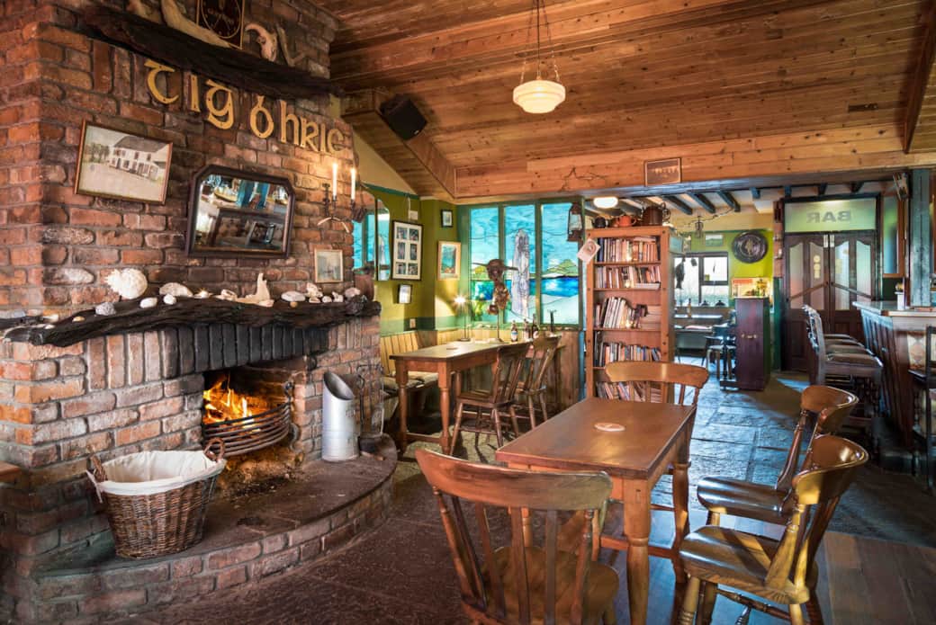 inside the pub showing the open fire place