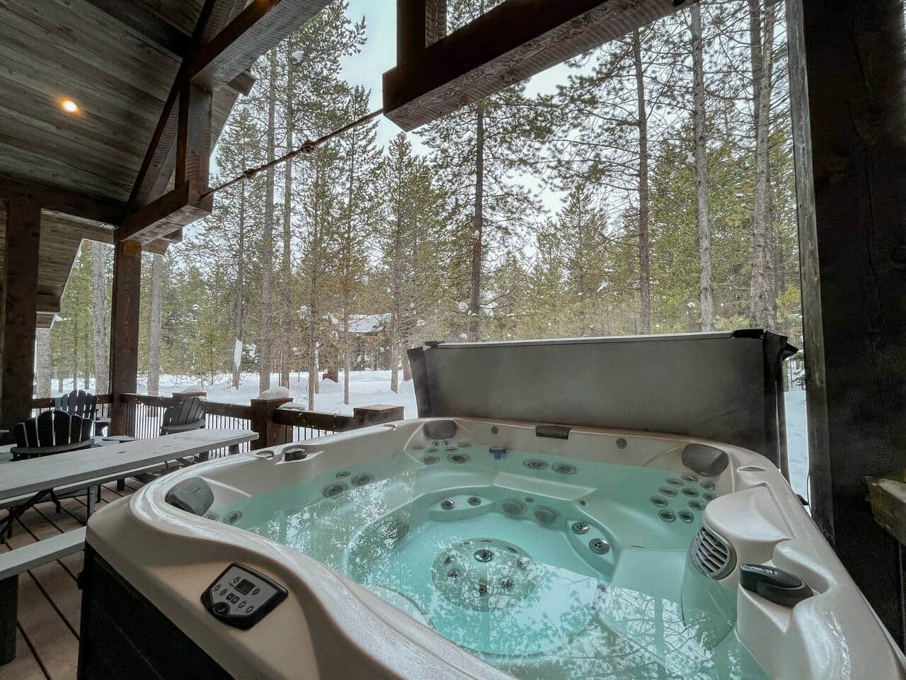 8 person hot tub located on the deck with a view of the woods and wildlife 