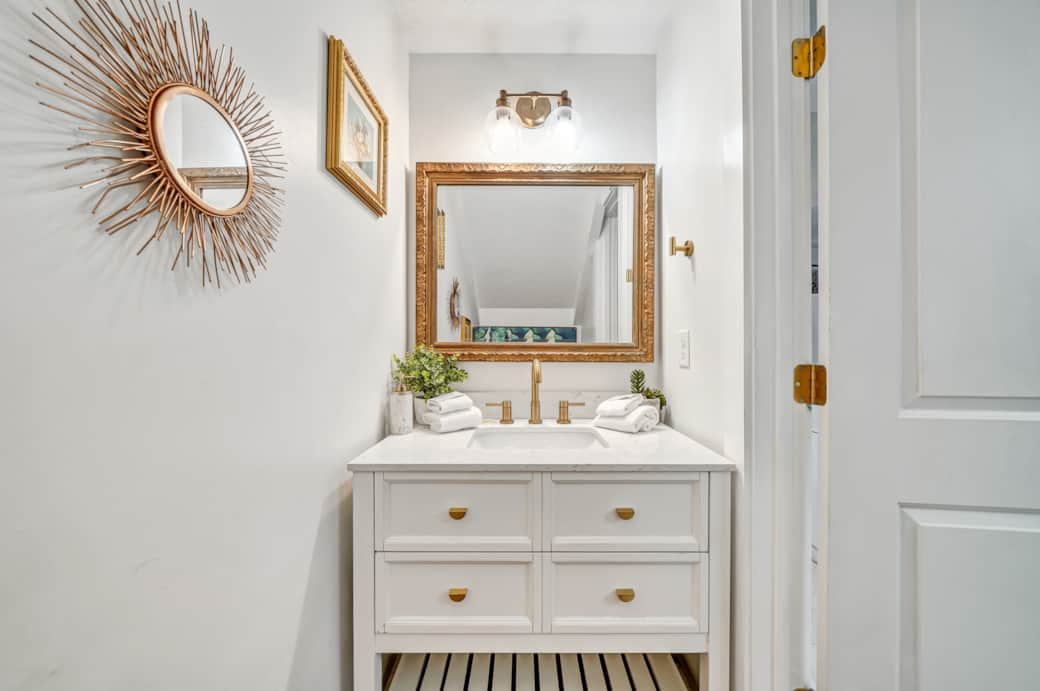 Half bath downstairs with high end finishes (not pictured: step stool for kids)
