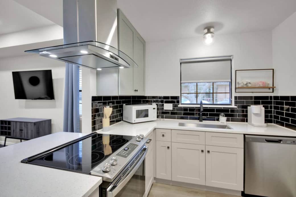 Cook in the fully equipped kitchen with stainless appliances. Cook in the fully equipped kitchen with stainless appliances.