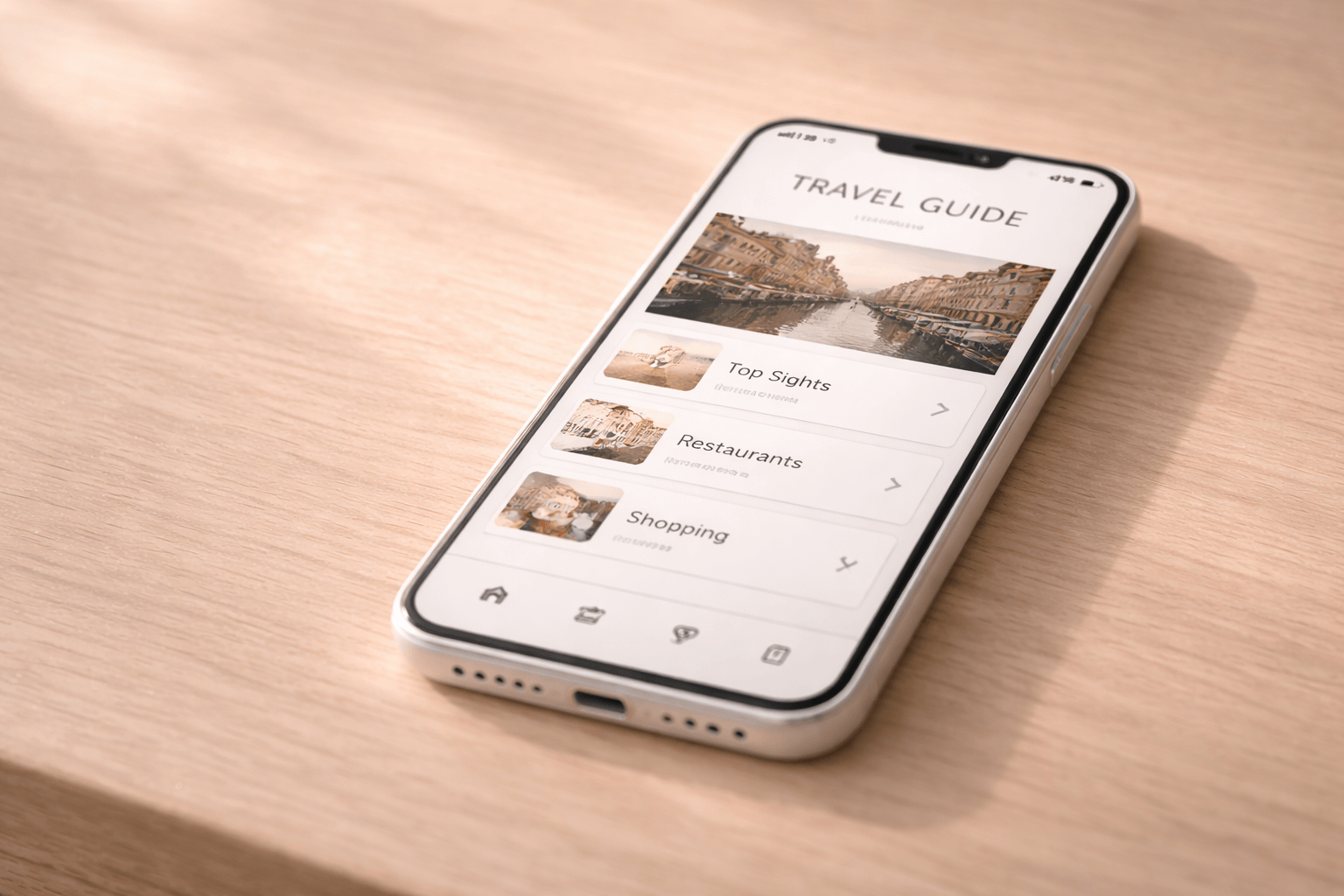 Smartphone mit digitalem Reise-Guide auf Holzoberfläche, modernes digitales Gästehandbuch für Ferienwohnung