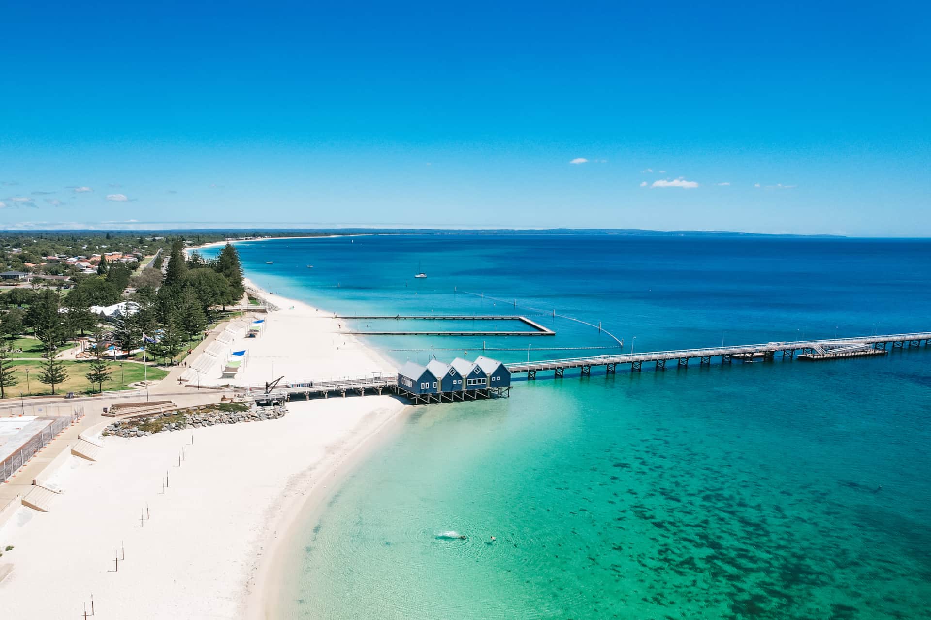 Busselton Jetty from the air, pristine beach in Western Australia Busselton Jetty from the air, pristine beach in Western Australia