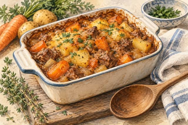 Watercolour illustration of a homemade casserole with vegetables
