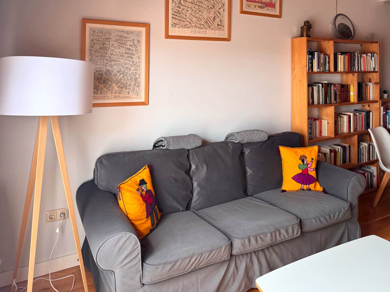 Sofá del salón junto a la librería