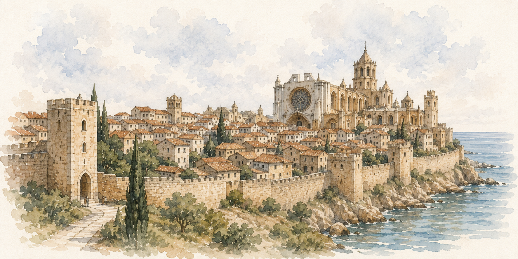 Watercolour interpretation of medieval Tarragona