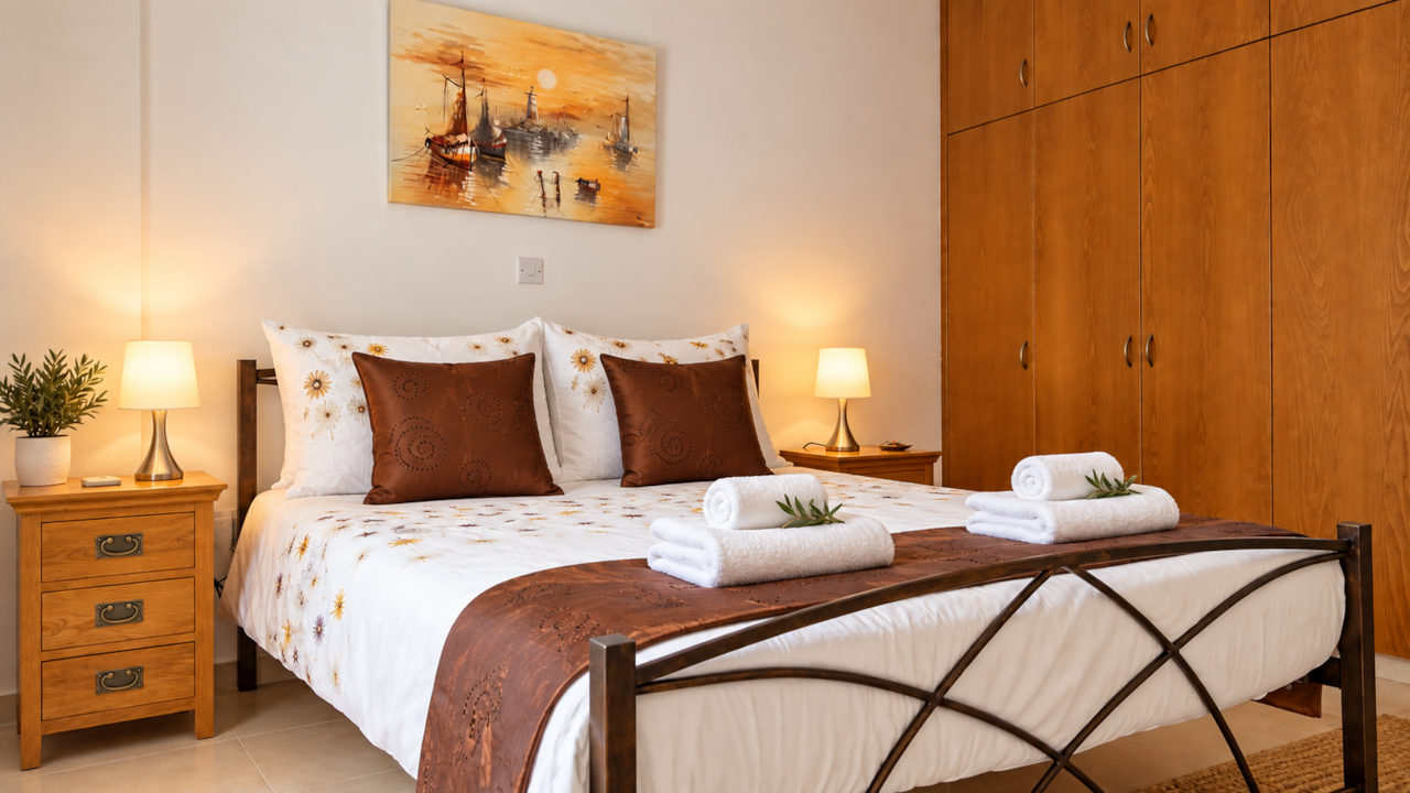 Comfortable bedroom with wardrobes and access to balcony