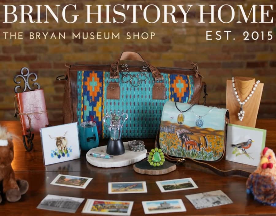 Gift shop inside The Bryan Museum offering Texas-themed books and artisan goods