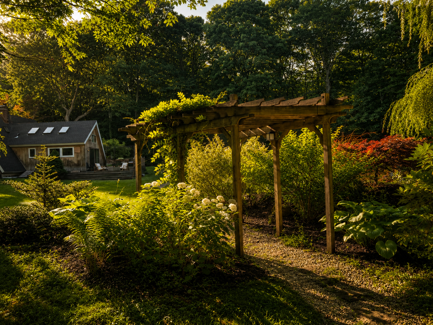 RivAframe gardens surrounded by woods in Redding Connecticut