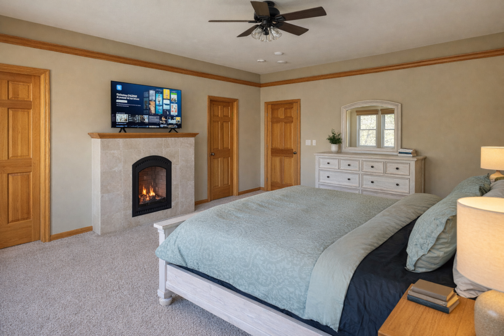 Primary bedroom offers a private fireplace and television formatted