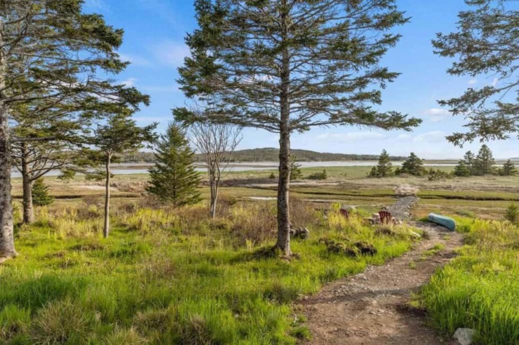 Tranquil coastal path to tidal shore with firepit seating and canoe. Tranquil coastal path to tidal shore with firepit seating and canoe.