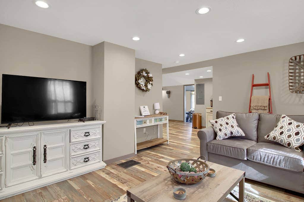 Living room looking into kitchen area.