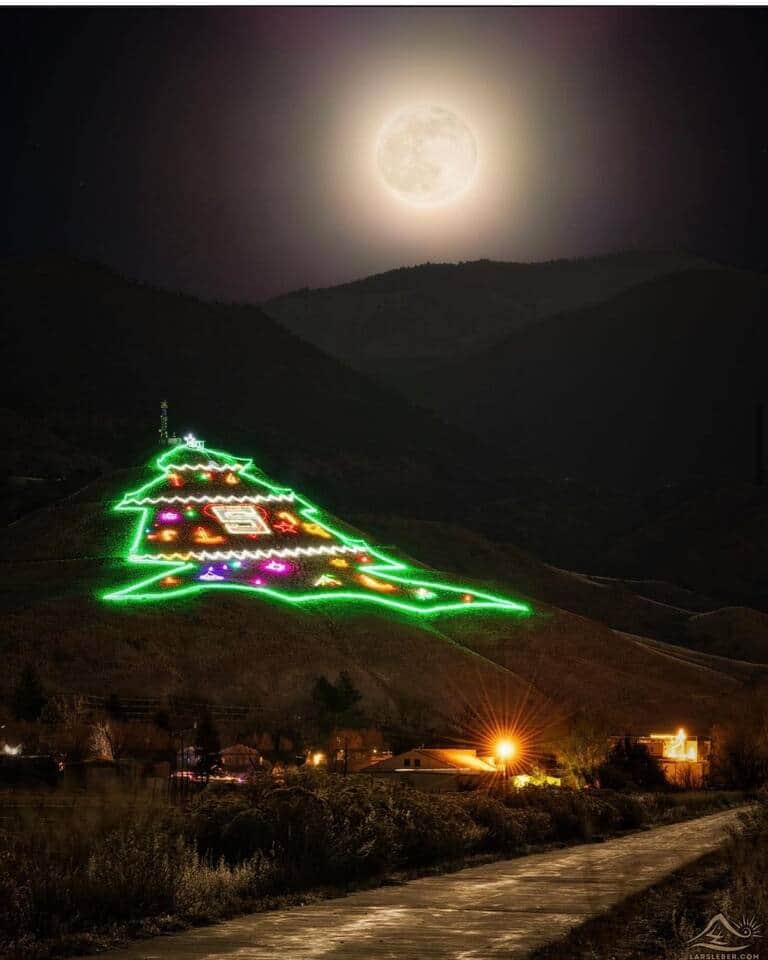 View of Salida’s Tenderfoot Mountain lit up for the holidays from the house. 