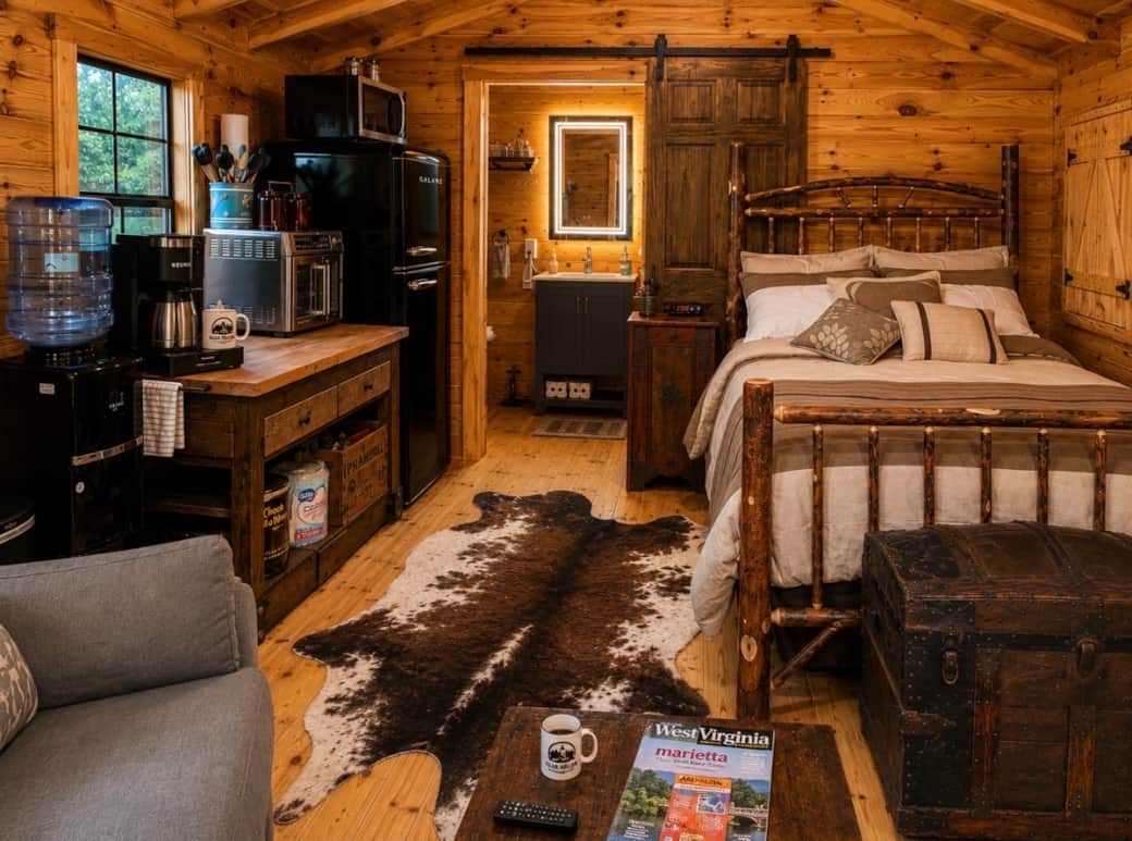 Cozy cabin sleeping area with full size bed