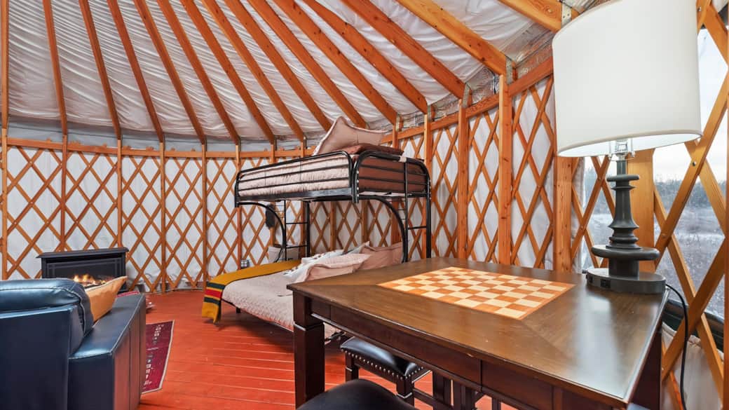 Yurt 1 Interior View Game Table and Bunk Bed