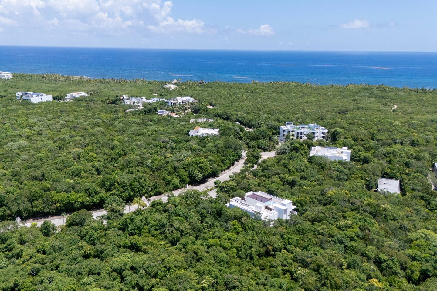 Esta vista aérea muestra la exuberante selva y la costa caribeña que rodean su estancia. Turtle Beach está a 8 minutos a pie, y la laguna para snorkel a unos 14 minutos a pie. También puede conducir y estacionar más cerca de cualquiera de los dos puntos.