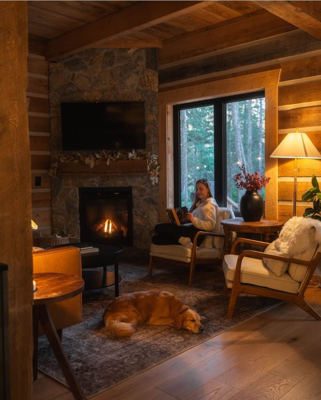Cozy cabin with a stone fireplace 