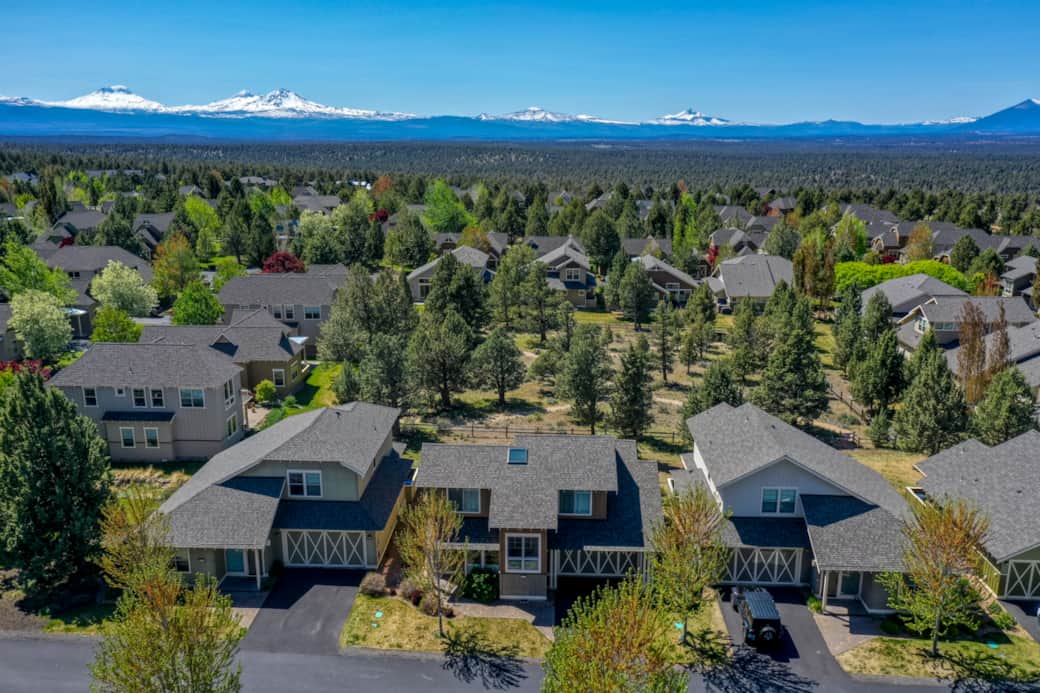 Eagle Crest Resort aerial showing resort scale and Cascade backdrop