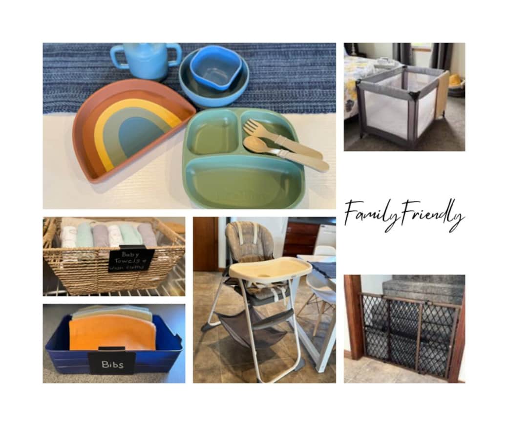 We also have magnetic locks for under the kitchen and bathroom sinks where we keep cleaning supplies. We have a family booklet for guests with little ones. 