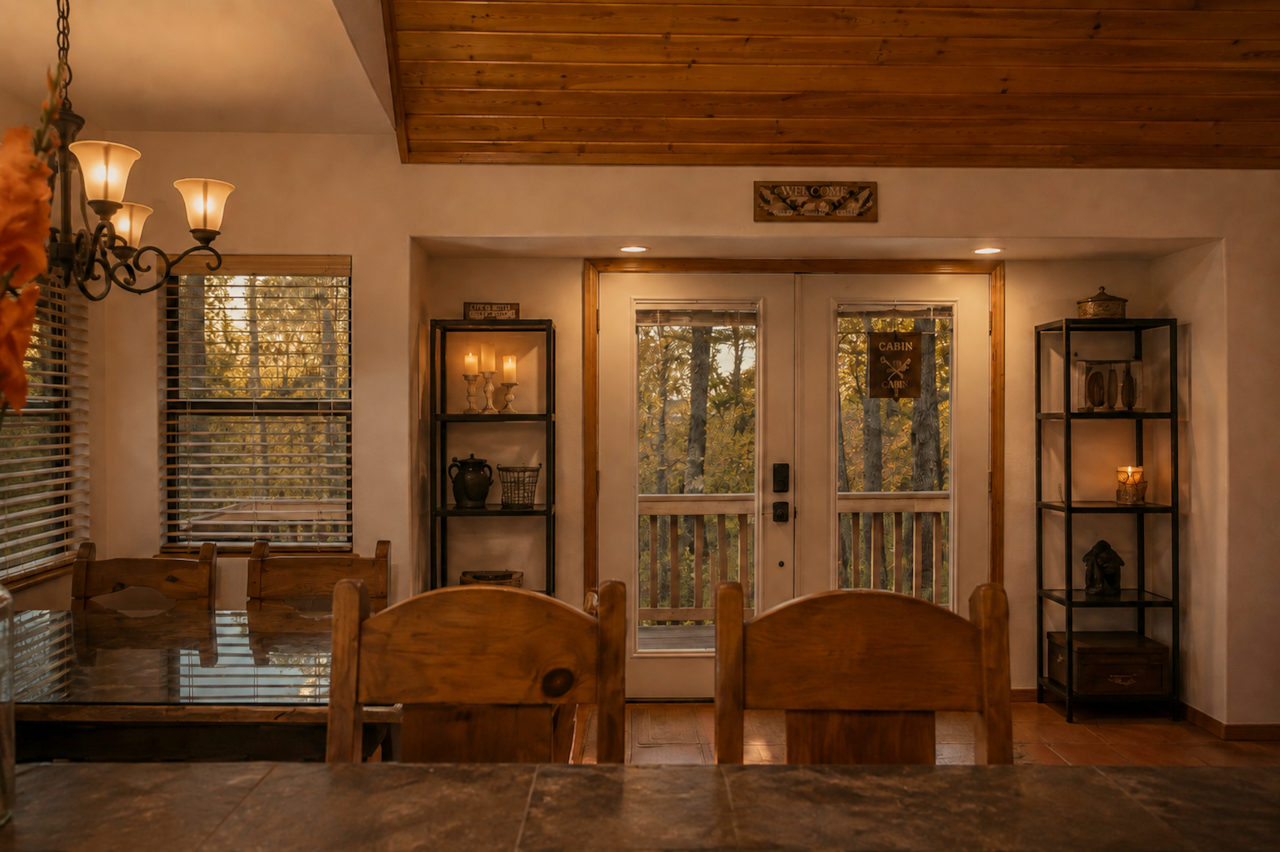 Dining area with deck access in dog-friendly mountain cabin