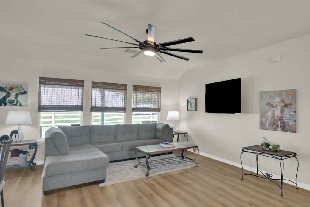 Living room with a comfy sofa and Roku TV. Living room with a comfy sofa and Roku TV.