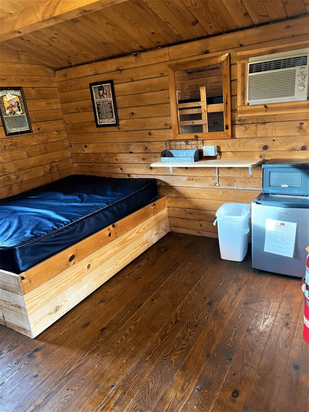 Full Bed, Shelving with extra outlets, Dorm Fridge, and Microwave