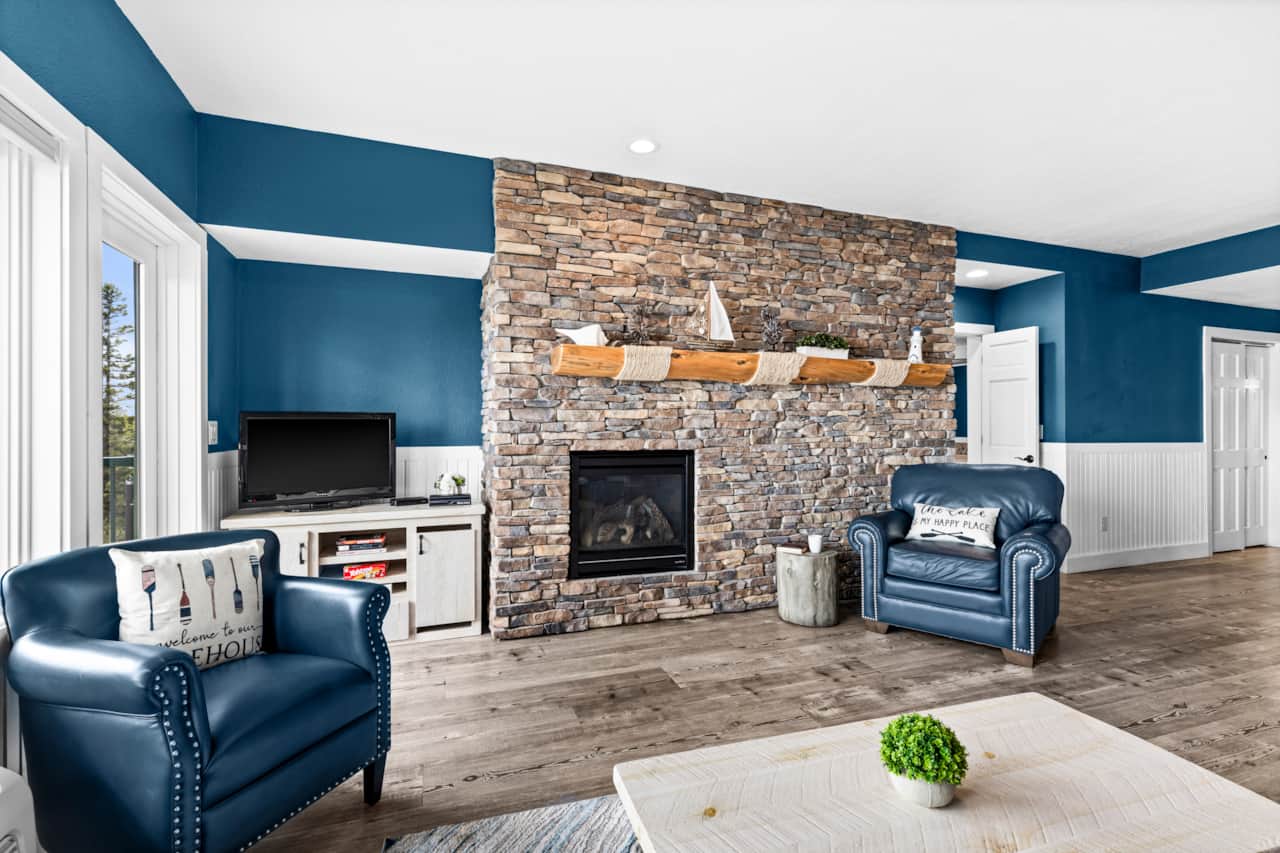 Cozy furniture to sip coffee and enjoy lake views