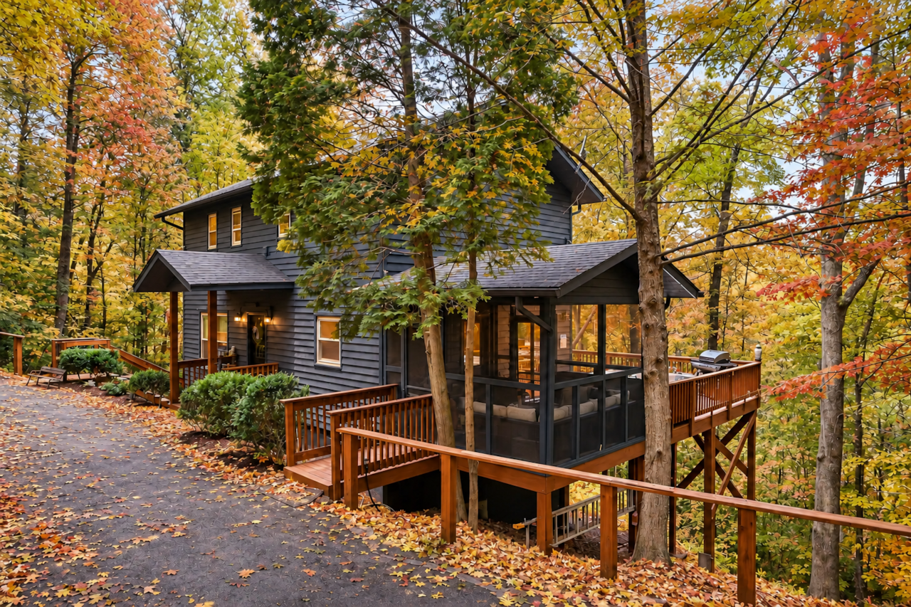 Wooded mountain retreat surrounded by lush forest and peaceful views