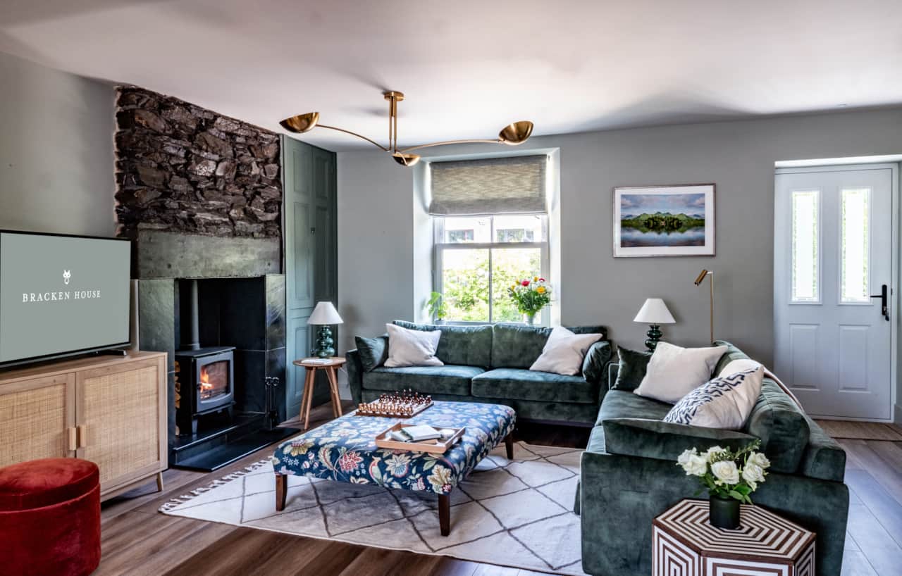 Bracken House comfy sofas and log fire