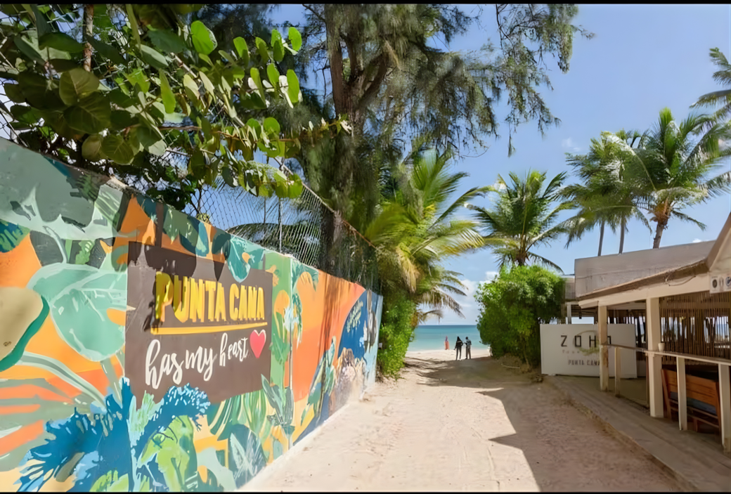 Pathway to Los Corales Beach in Punta Cana with “Punta Cana Has My Heart” Mural
