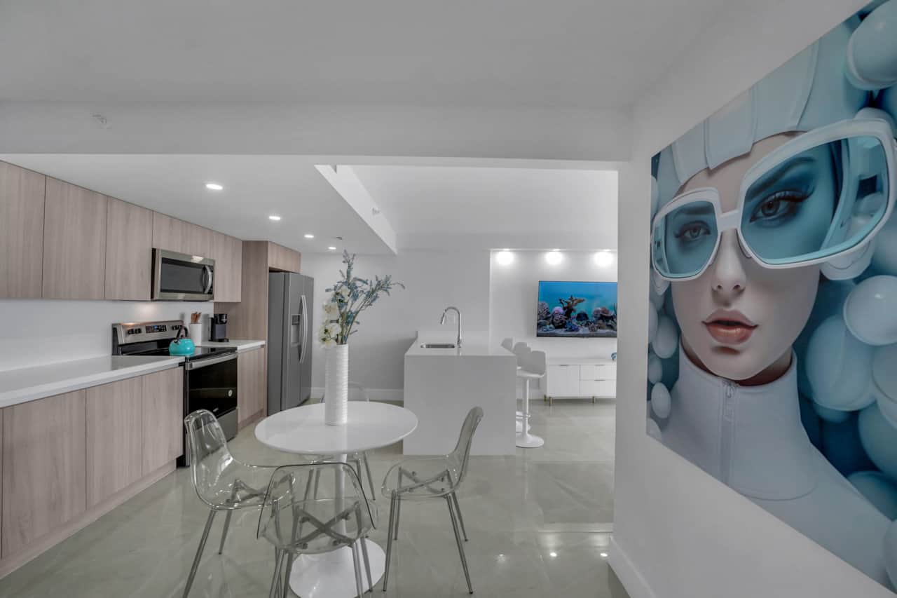 Dining area, fully equipped kitchen, views in living area with Roku streaming Tv
