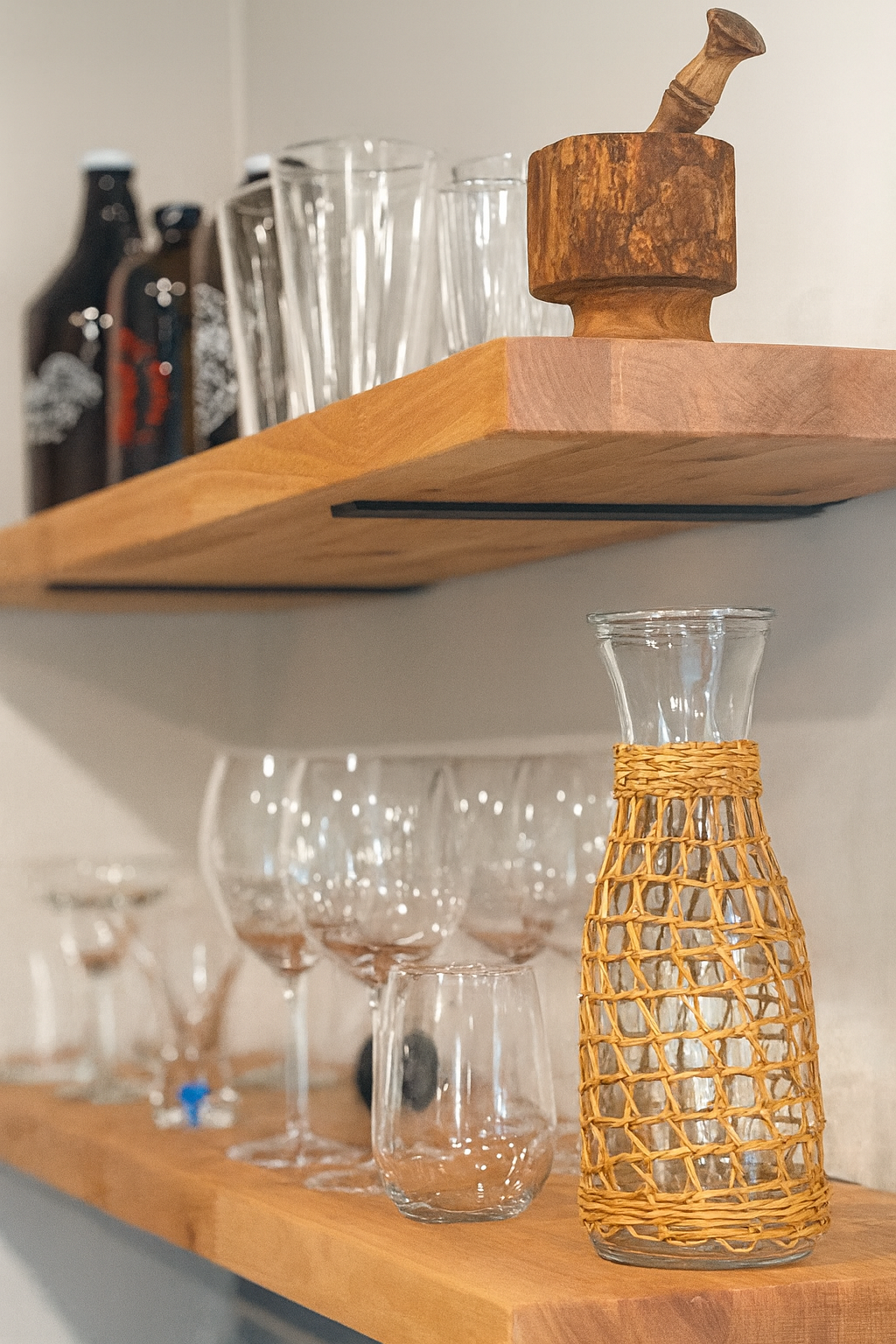 Open shelves with array of glassware Open shelves with array of glassware