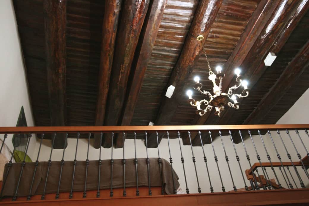 View of the beamed ceiling from the living room