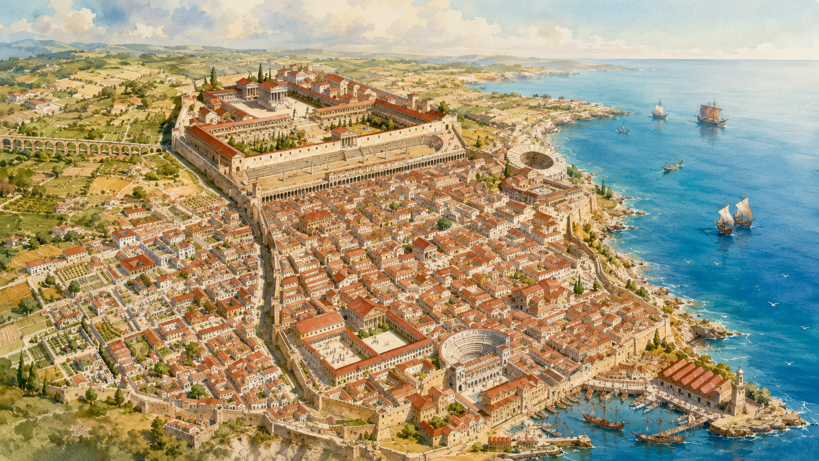 Illustration of Roman Tarraco overlooking the Mediterranean