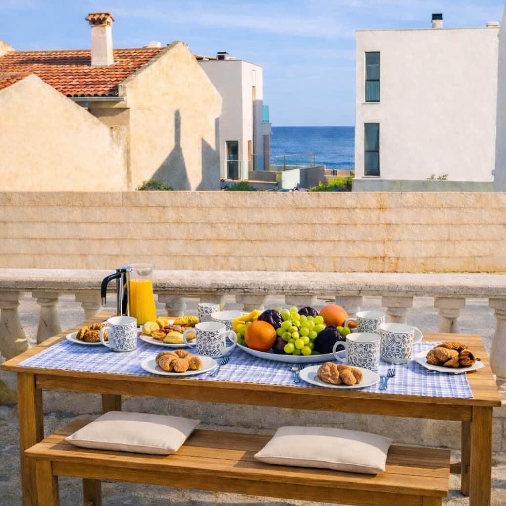 Desayunos al sol con el mar a pocos pasos. Aquí empieza el día con calma.