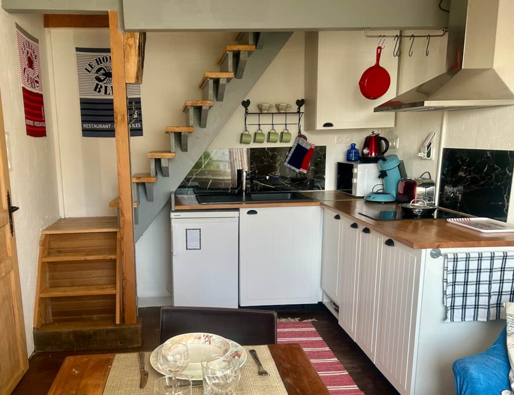 The kitchen corner has an induction cooktop, microwave and a fridge for two