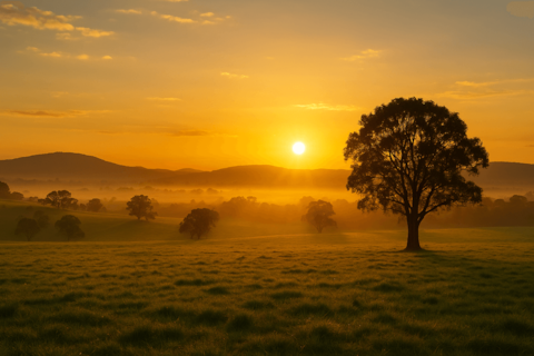 Sunrise over Hunter Valley vineyards at The Charles at Broke