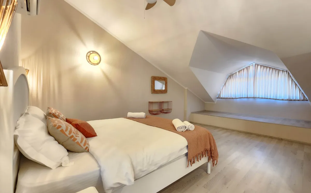 Cozy bedroom with a double bed, decorative pillows, and a large window, Apart Guney 6, Gocek