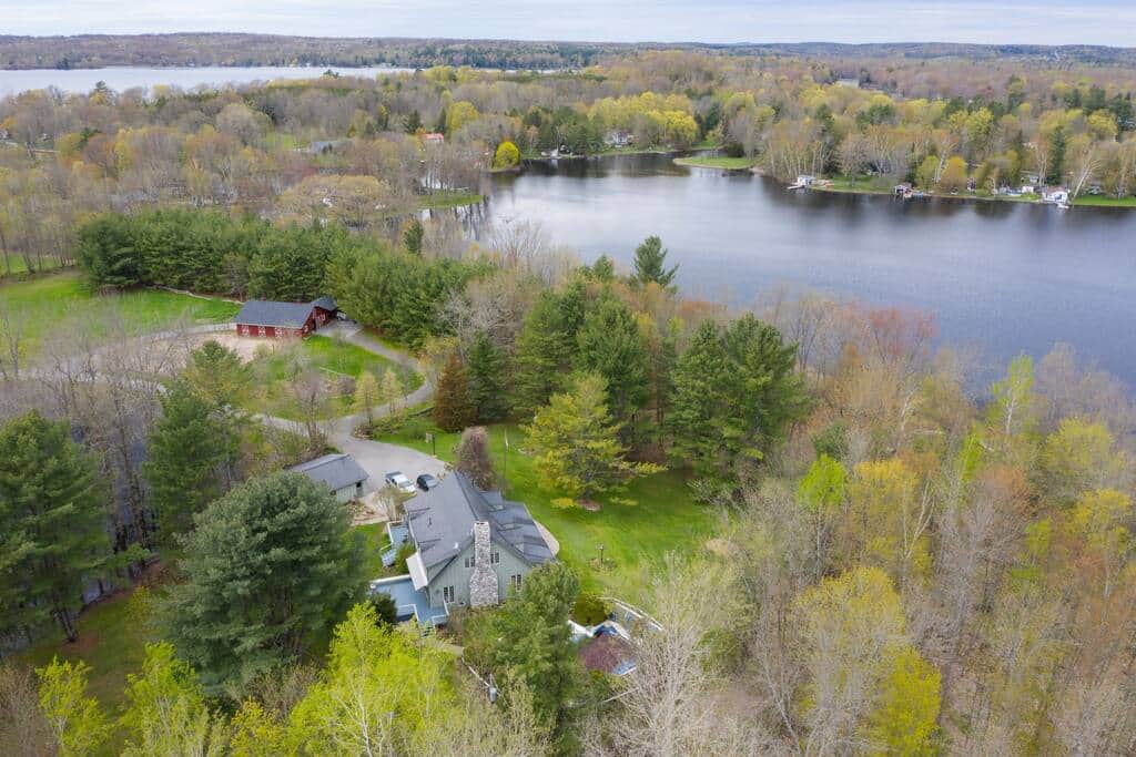 Beautiful shot of the farmhouseouse, barn and bay
