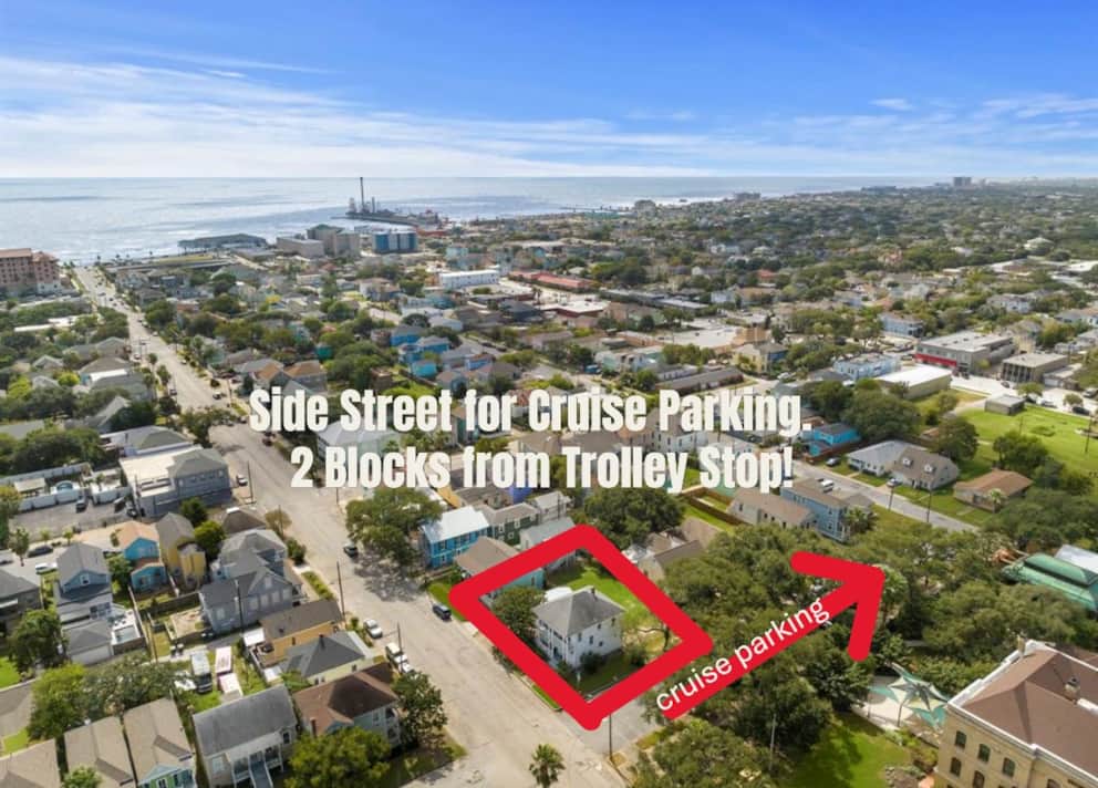 Free parking adjacent to White Magnolia Galveston for cruise travelers.