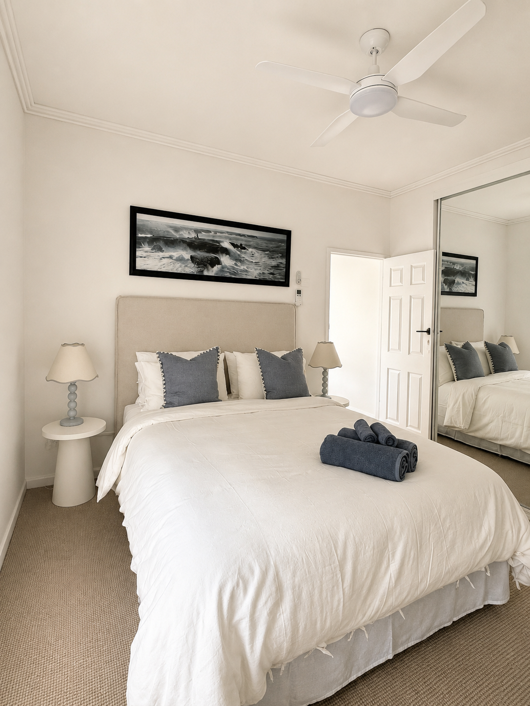 Premium professionally laundered linen, queen beds, built in wardrobes, air conditioning and ceiling fans and block out blinds.