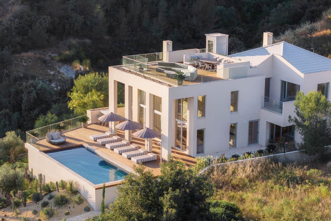 Aerial view of the villa at golden hour